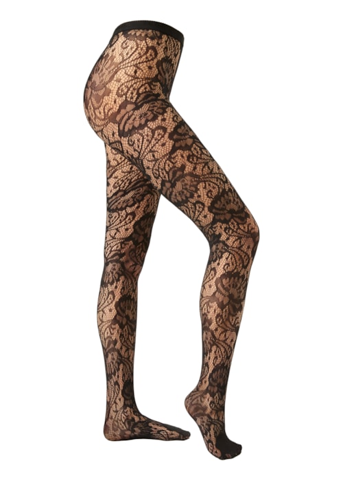 Meia-Calça Arrastão Com Padrão Floral - Preto
