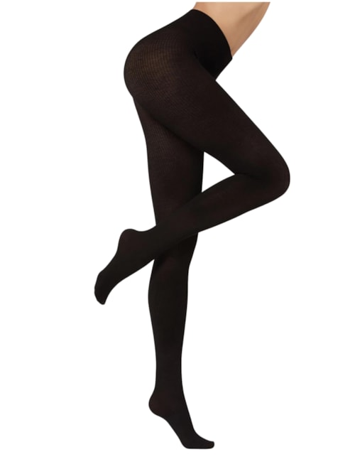 Meia Calça Com Cashmere Canelado - Preto