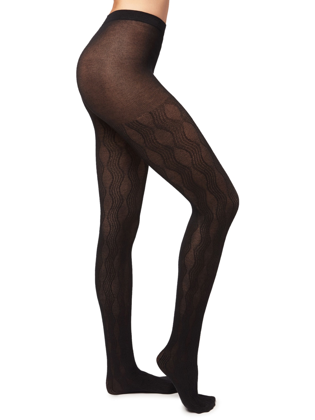 Meia Calça Com Cashmere e Estampa Ondulado - Preto