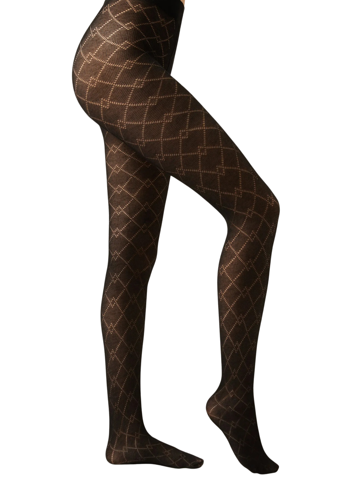Meia-Calça Com Cashmere e Padrão De Losangos - Preto