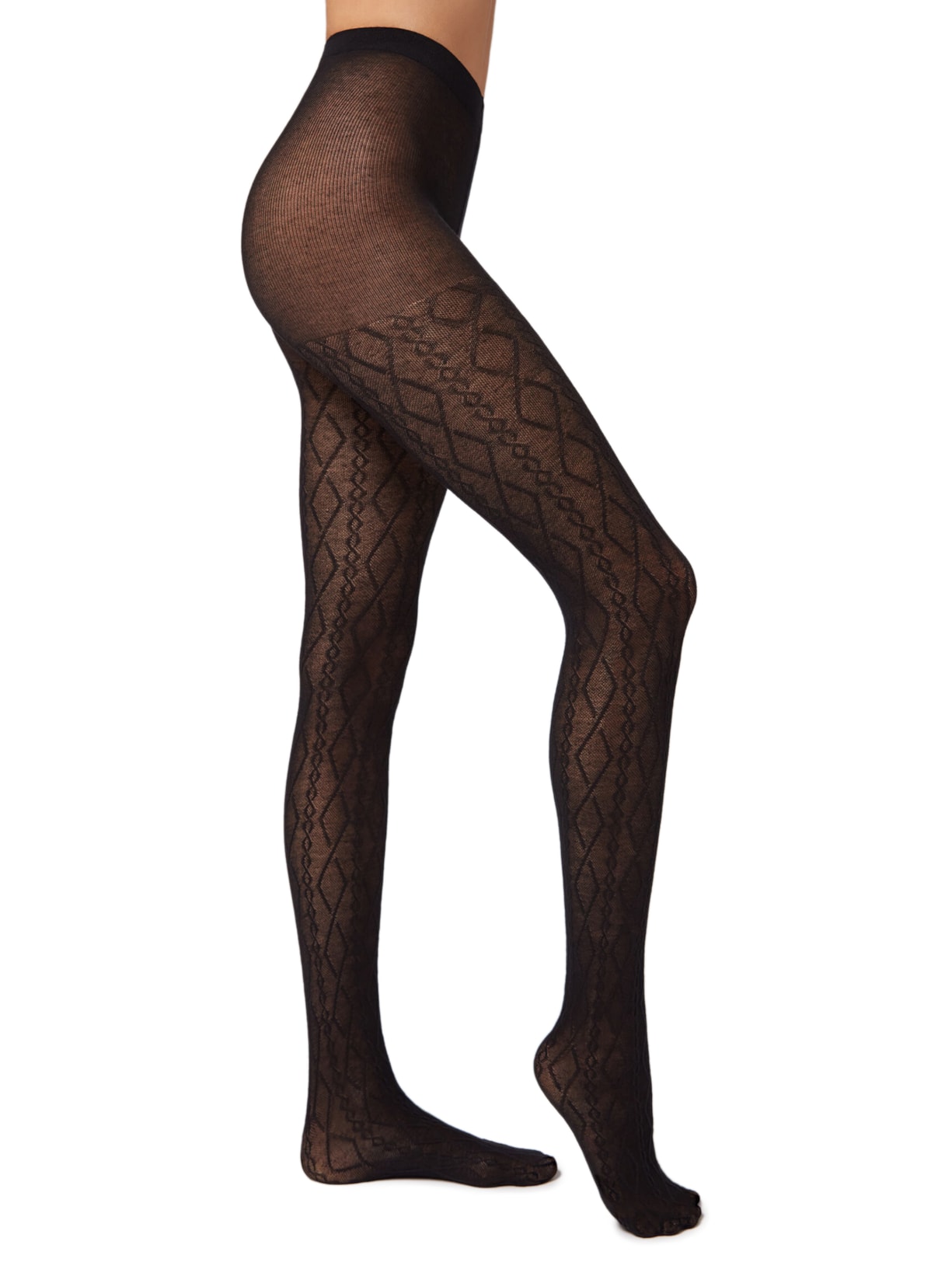 Meia-Calça Com Cashmere e Padrão Entrelaçado - Preto