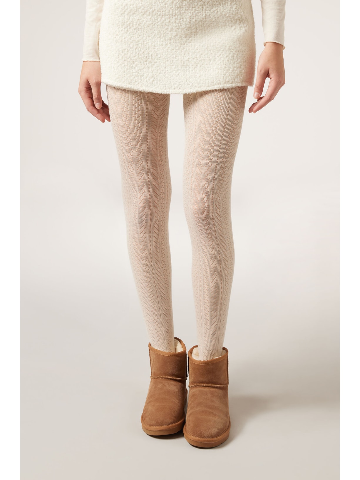 Meia-Calça Com Cashmere e Padrão Geométrico Off-White Calzedonia