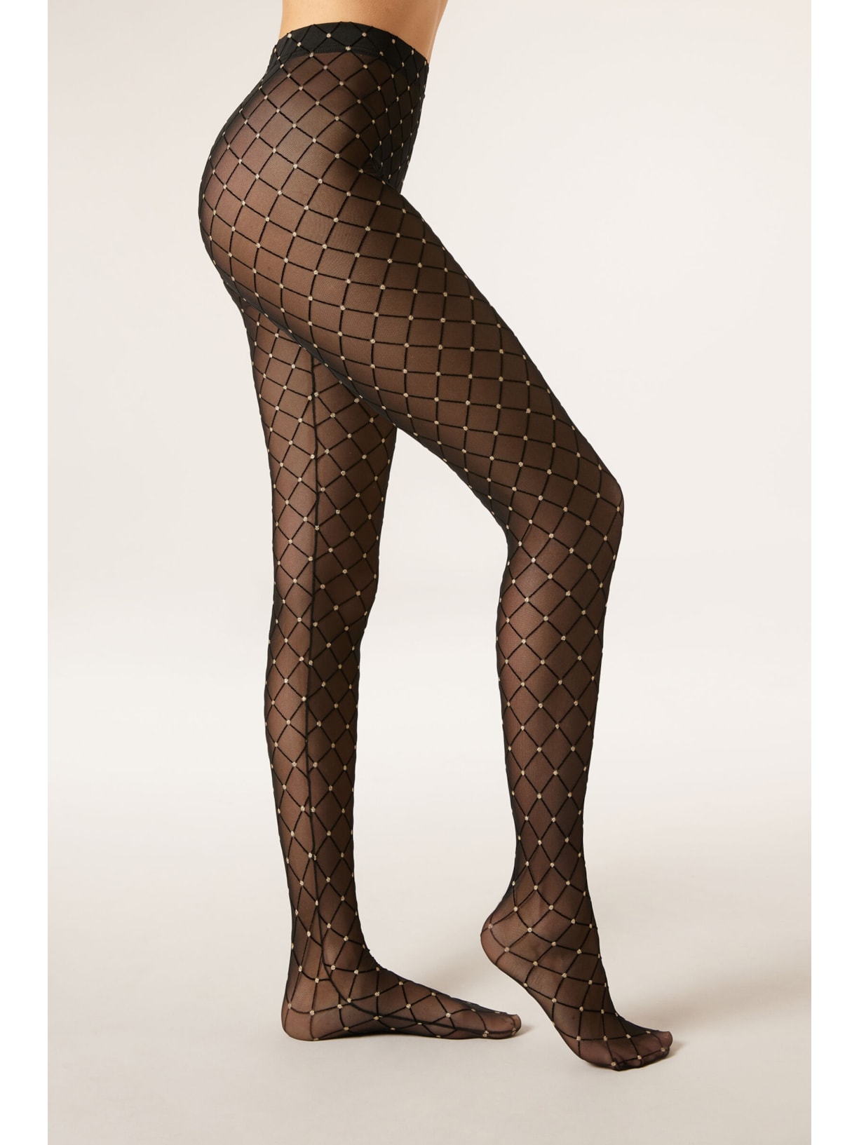 Meia-Calça Com Losangos Em Relevo e Strass Preto Calzedonia