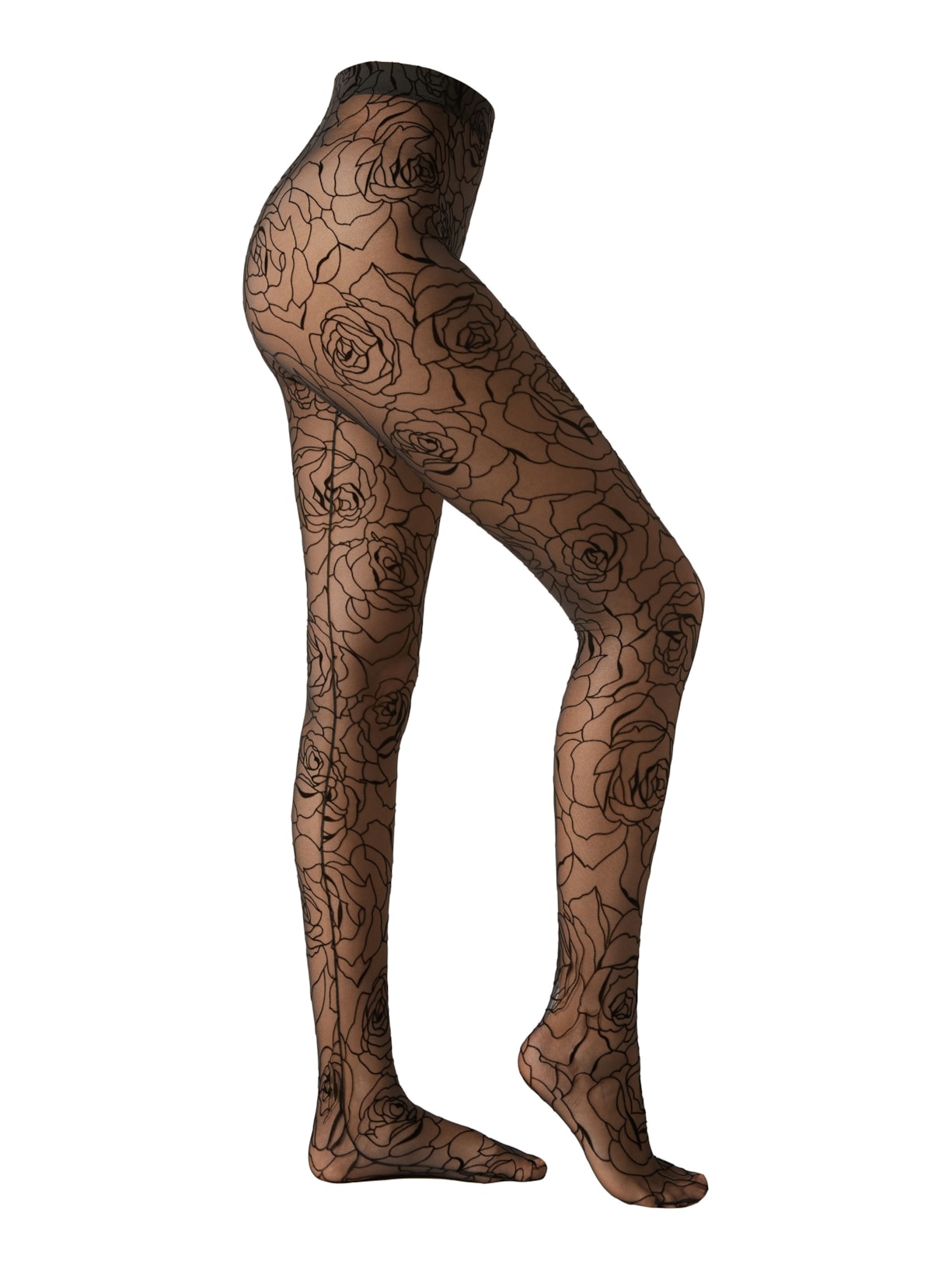 Meia-Calça Com Rosas Em Relevo - Preto