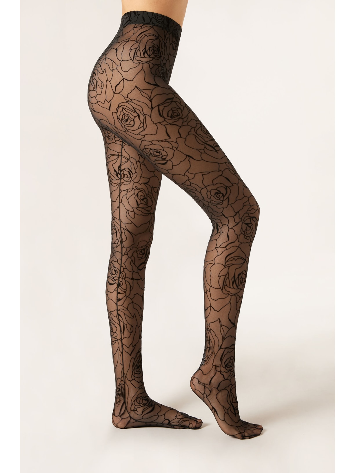 Meia-Calça Com Rosas Em Relevo Preto Calzedonia