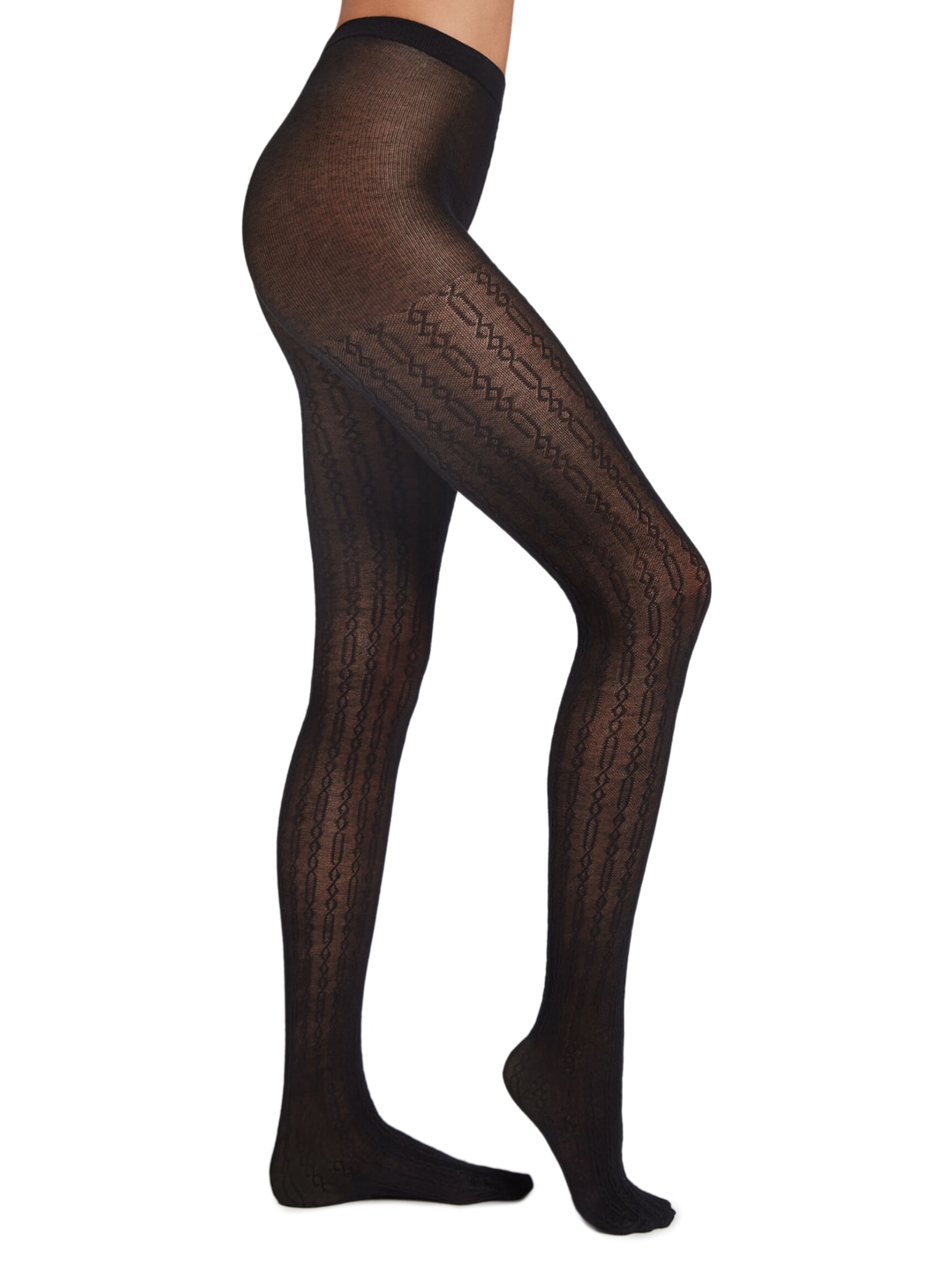 Meia-Calça Em Cashmere e Padrão Entrelaçado - Preto