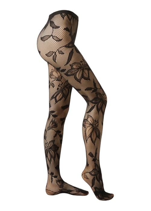 Meia-Calça Em Renda Com Macroflores - Preto