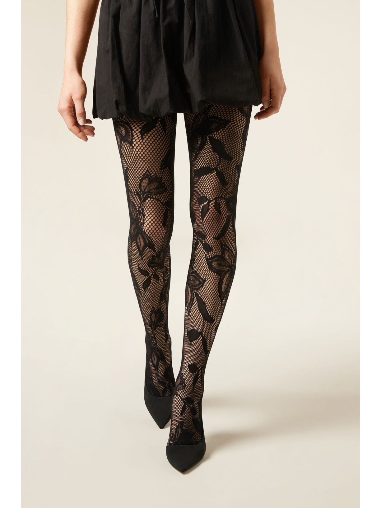 Meia-Calça Em Renda Com Macroflores Preto Calzedonia