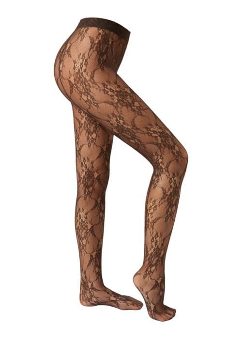 Meia-Calça Em Renda Com Padrão Floral - Marrom