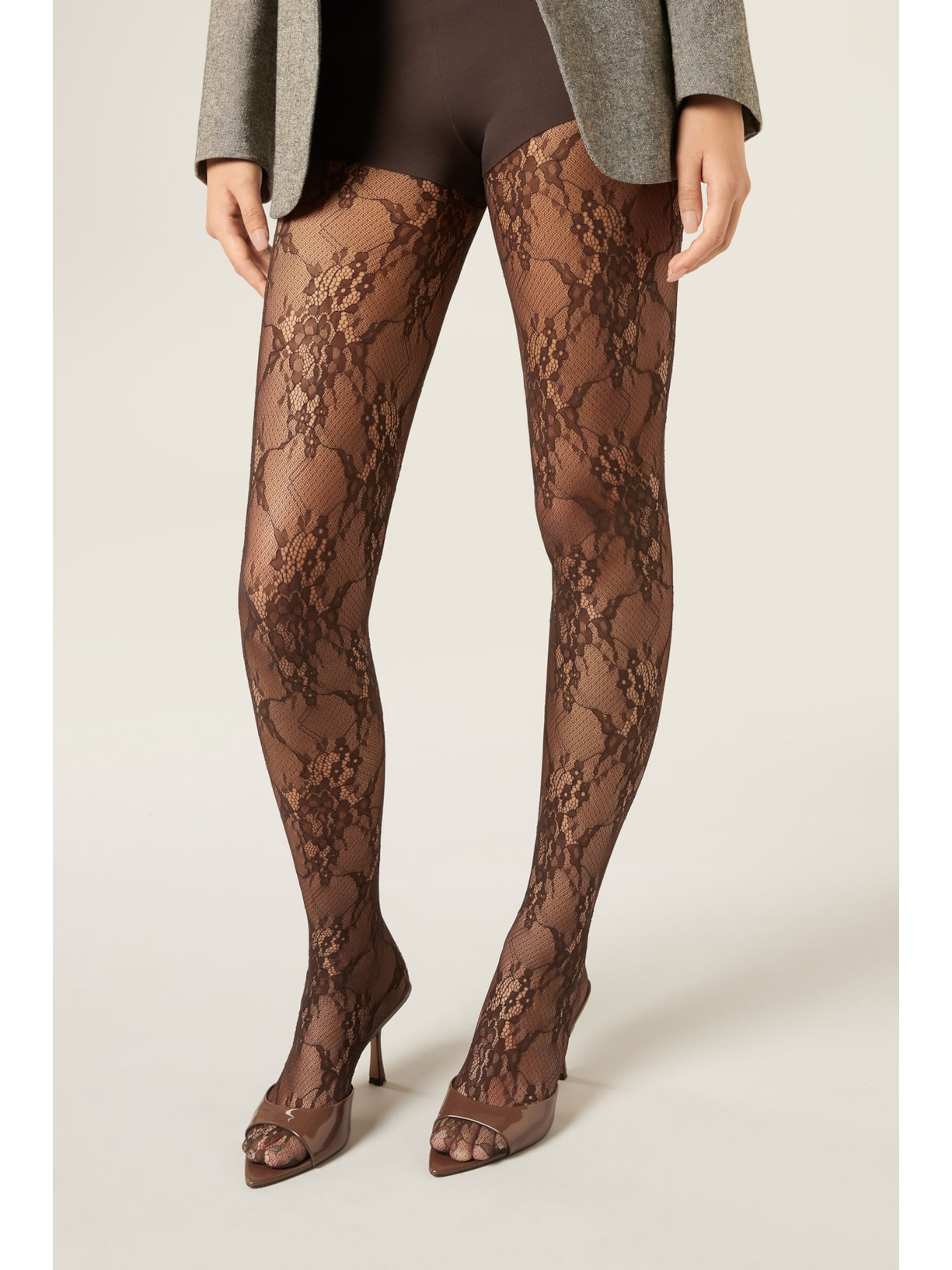 Meia-Calça Em Renda Com Padrão Floral Marrom Calzedonia