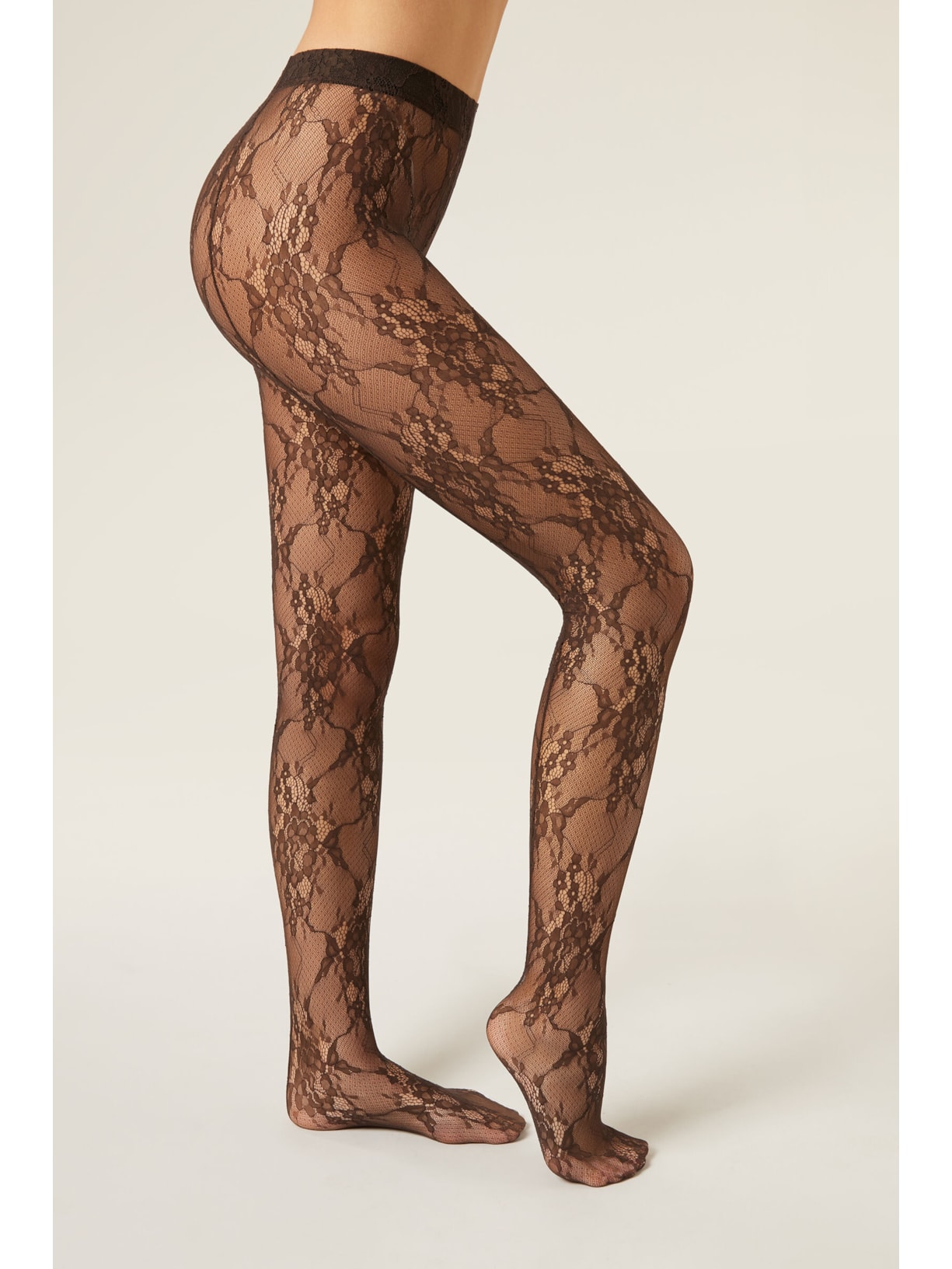 Meia-Calça Em Renda Com Padrão Floral Marrom Calzedonia