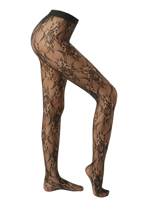 Meia-Calça Em Renda Com Padrão Floral - Preto