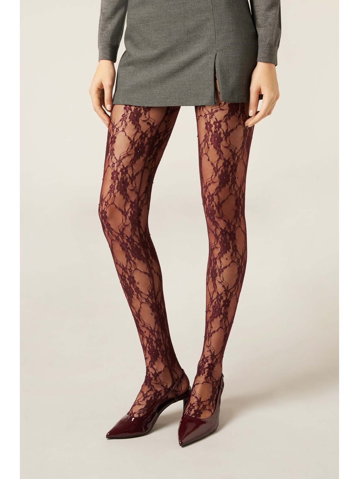 Meia-Calça Em Renda Com Strass Bordô Calzedonia