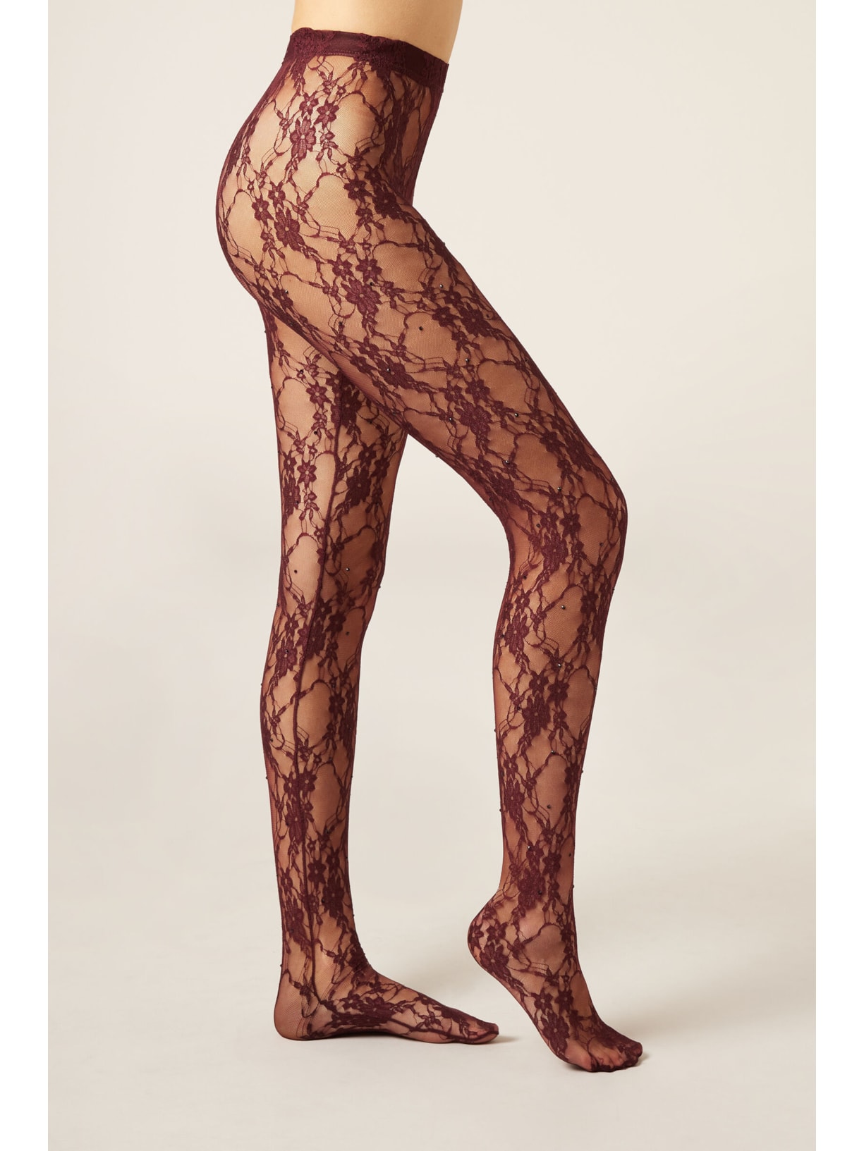 Meia-Calça Em Renda Com Strass Bordô Calzedonia
