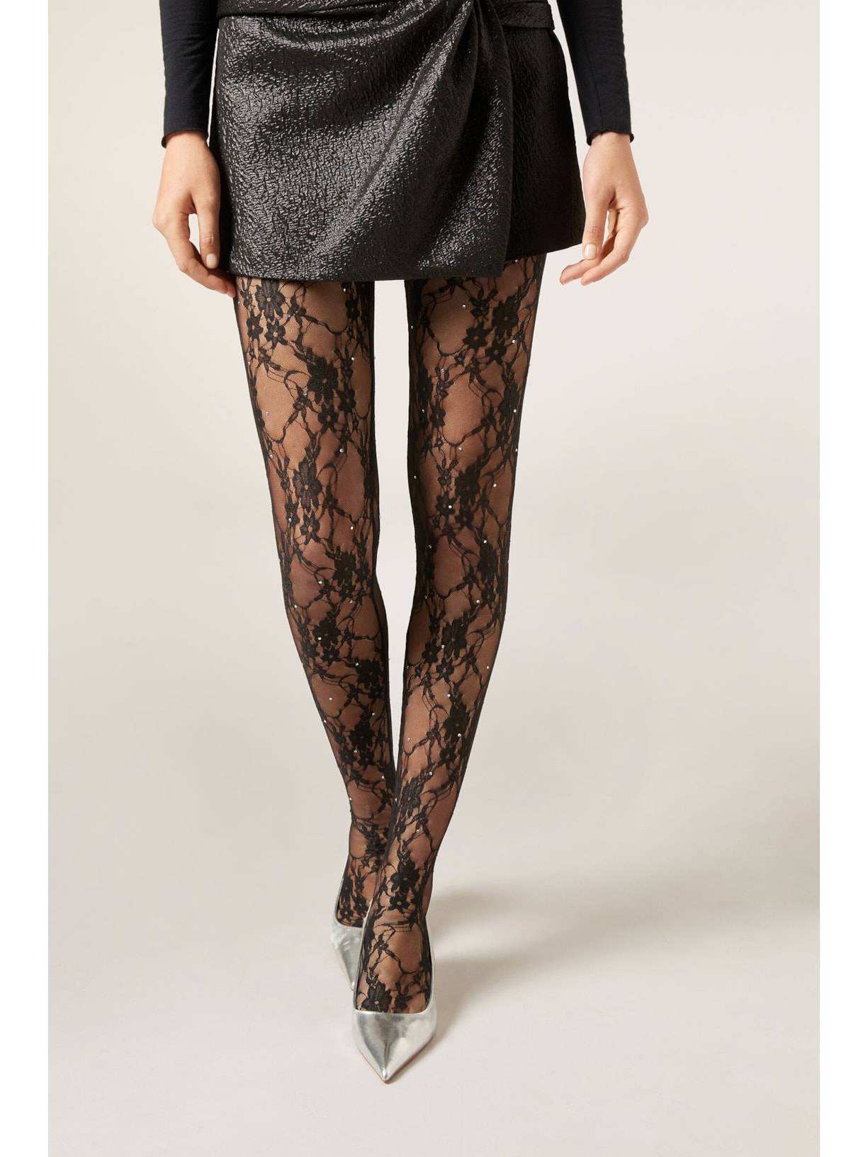 Meia-Calça Em Renda Com Strass Preto Calzedonia