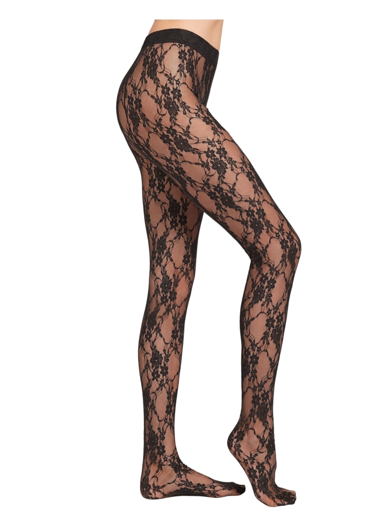 Meia-Calça Em Renda Floral - Preto