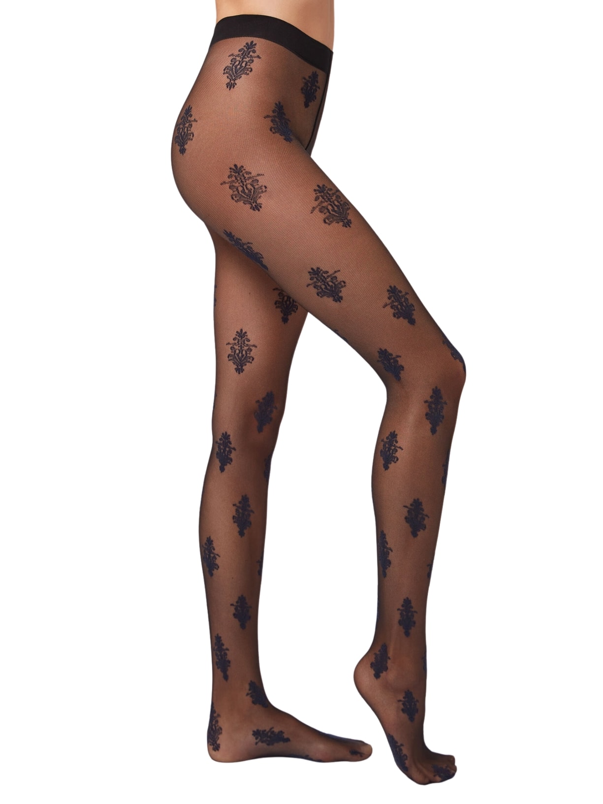 Meia-Calça Fio 40 Com Padrão Floral Barroco - Preto