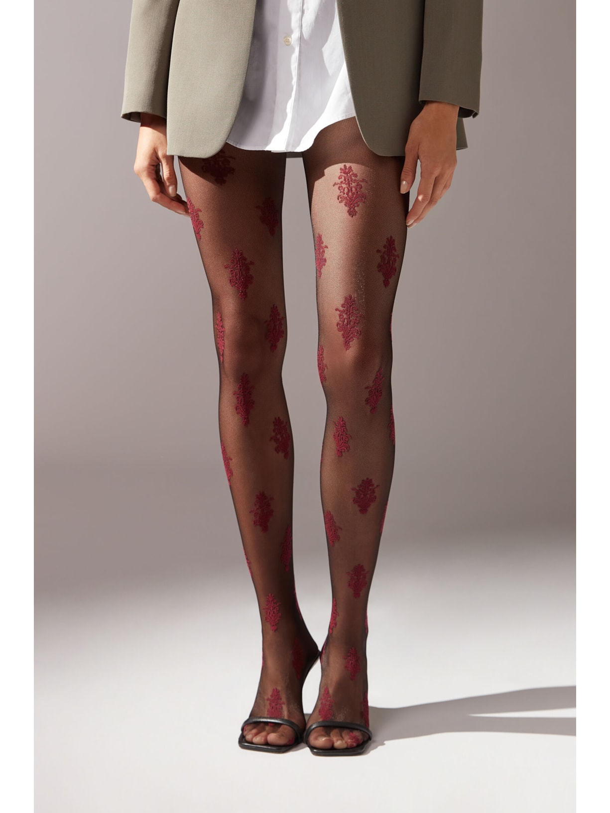 Meia-Calça Fio 40 Com Padrão Floral Barroco Vermelho Calzedonia