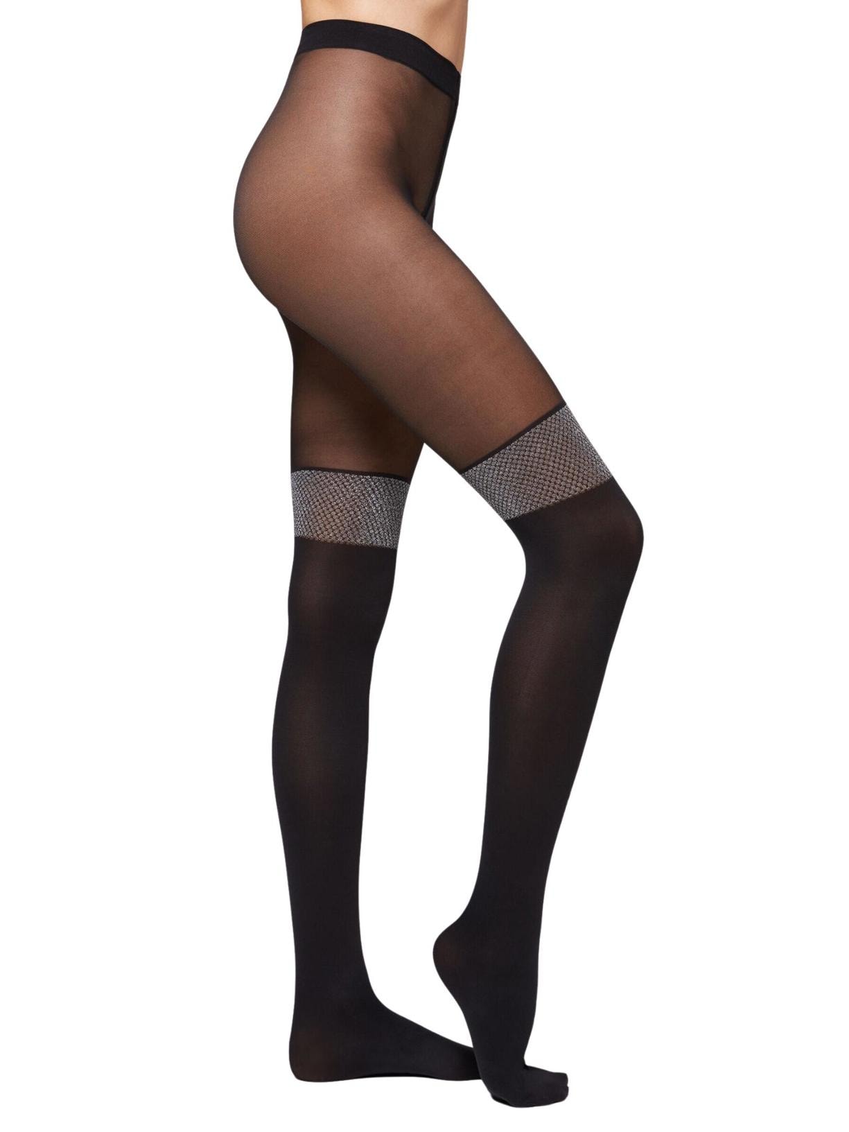 Meia Calça Longuette Fio 70 Rebordo Glitter - Preto