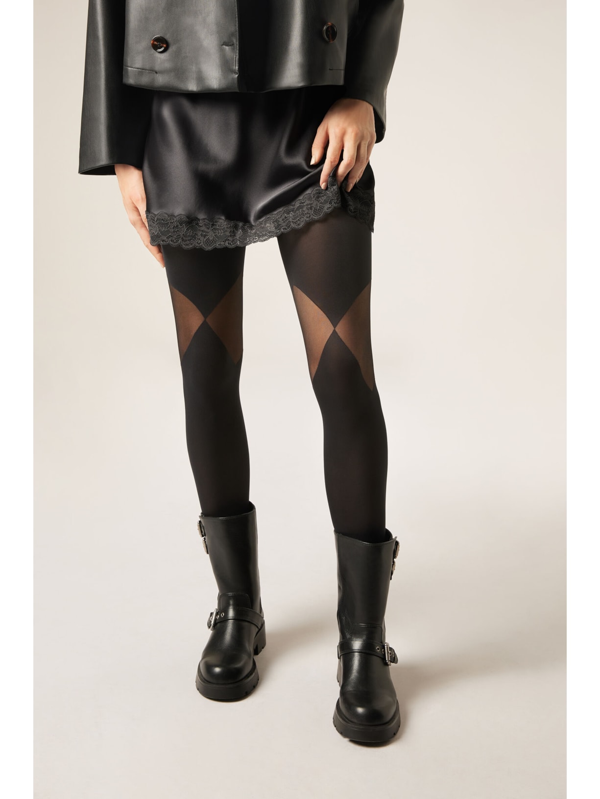 Meia-Calça Opaca Com Detalhes Transparentes Preto Calzedonia