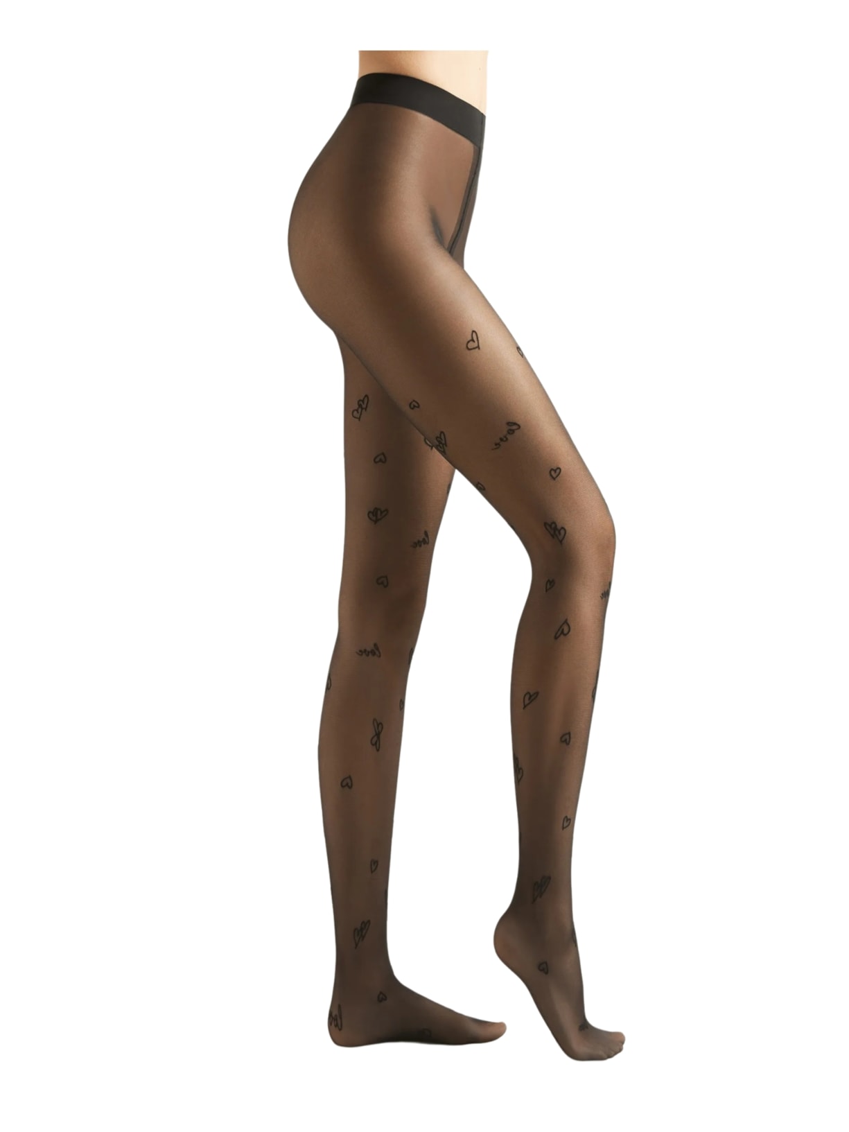 Meia-Calça Transparente Com Carações e Love - Preto