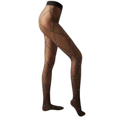 Meia-Calça Transparente Com Losangos e Brilho - Preto