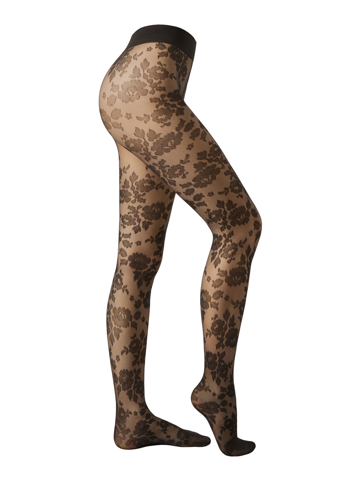 Meia-Calça Transparente Com Padrão Flores - Preto