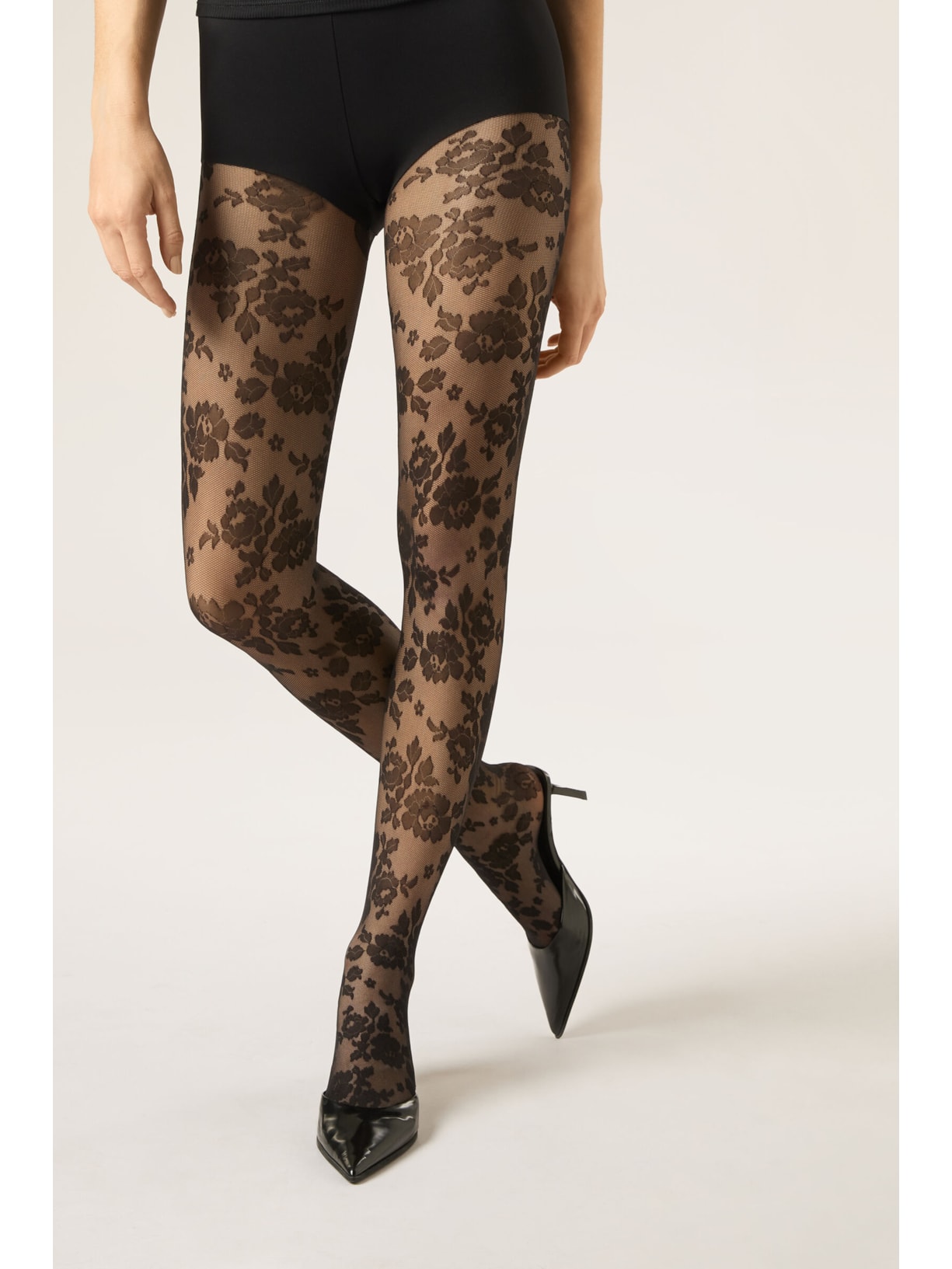 Meia-Calça Transparente Com Padrão Flores Preto Calzedonia