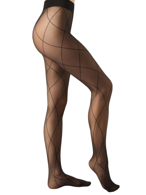 Meia-Calça Transparente Com Padrão Geométrico - Preto