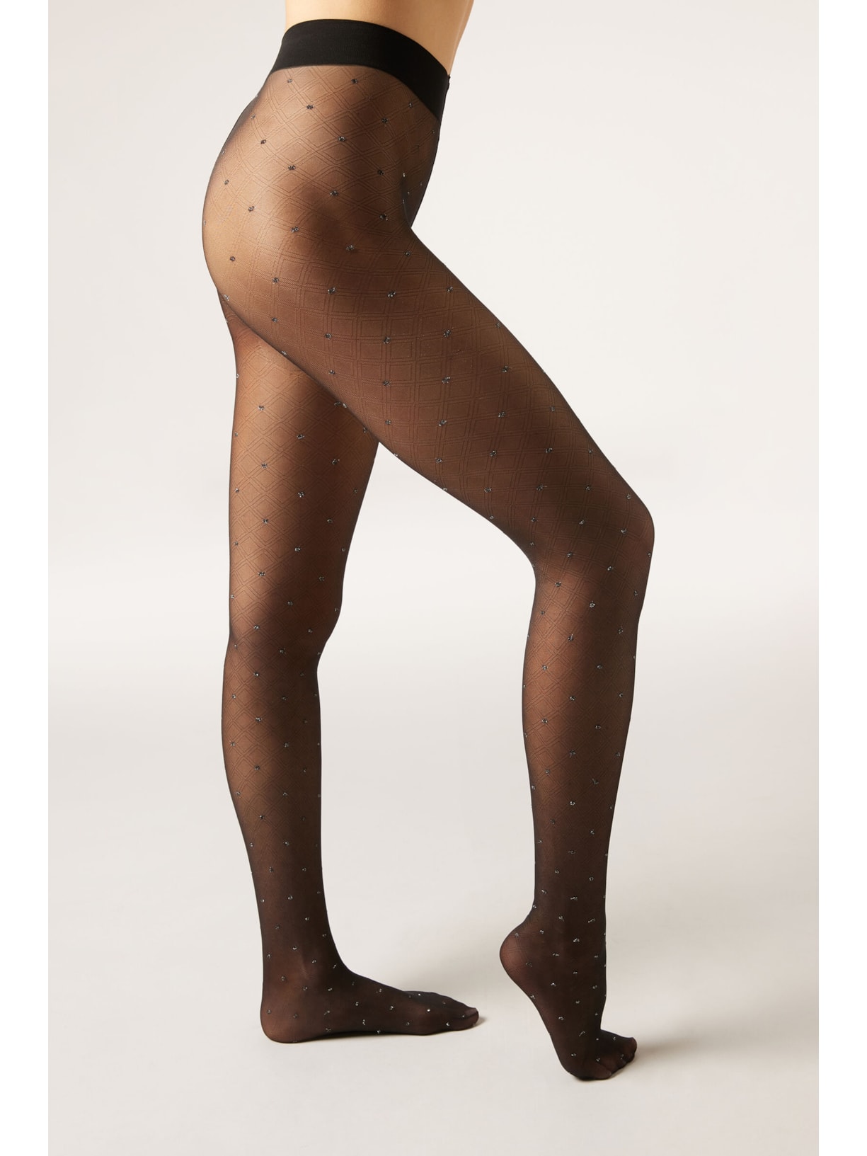 Meia-Calça Transparente Com Poás Brilhantes Preto Calzedonia