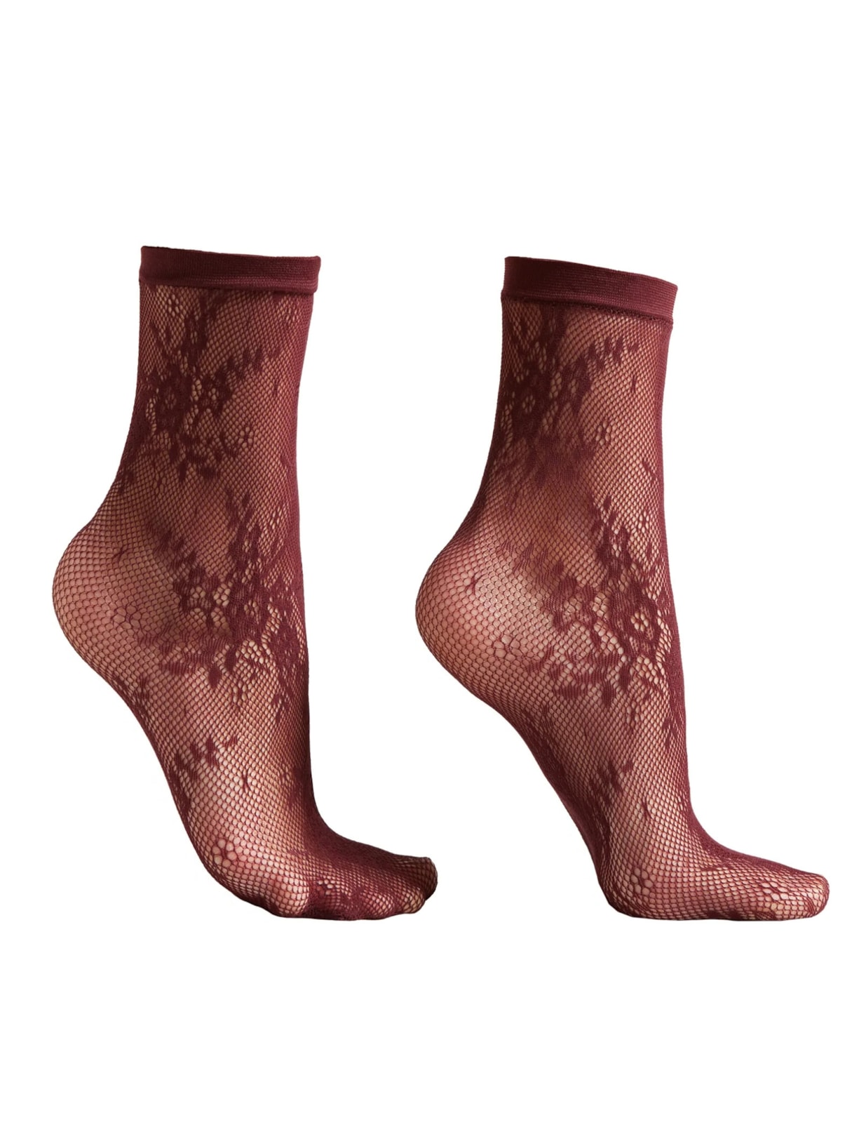 Meia Curta Arrastão Com Padrão Floral - Bordô