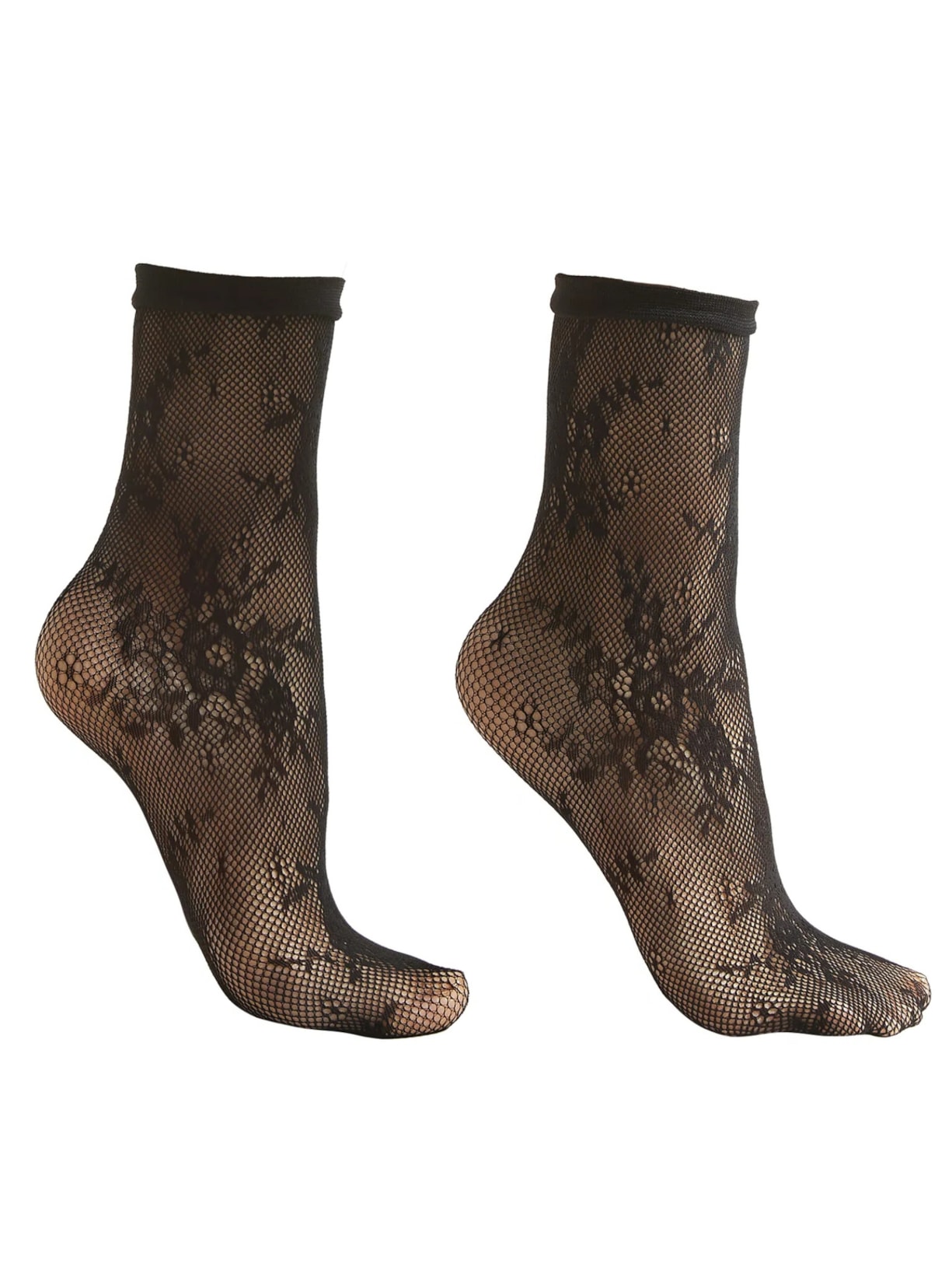 Meia Curta Arrastão Com Padrão Floral - Preto