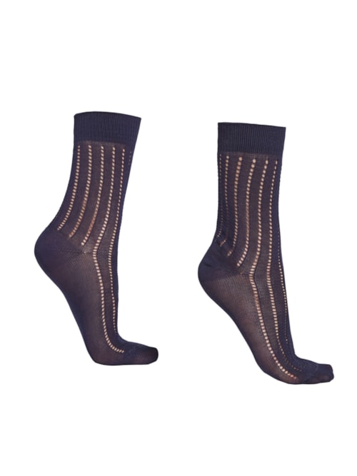 Meia Curta Canelada Com Acabamento Perfurado - Azul