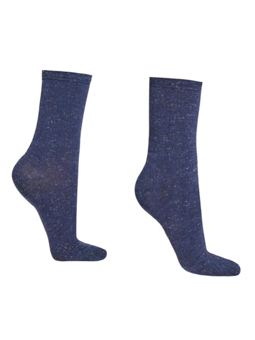 Meia Curta Canelada Com Cashmere e Glitter - Azul