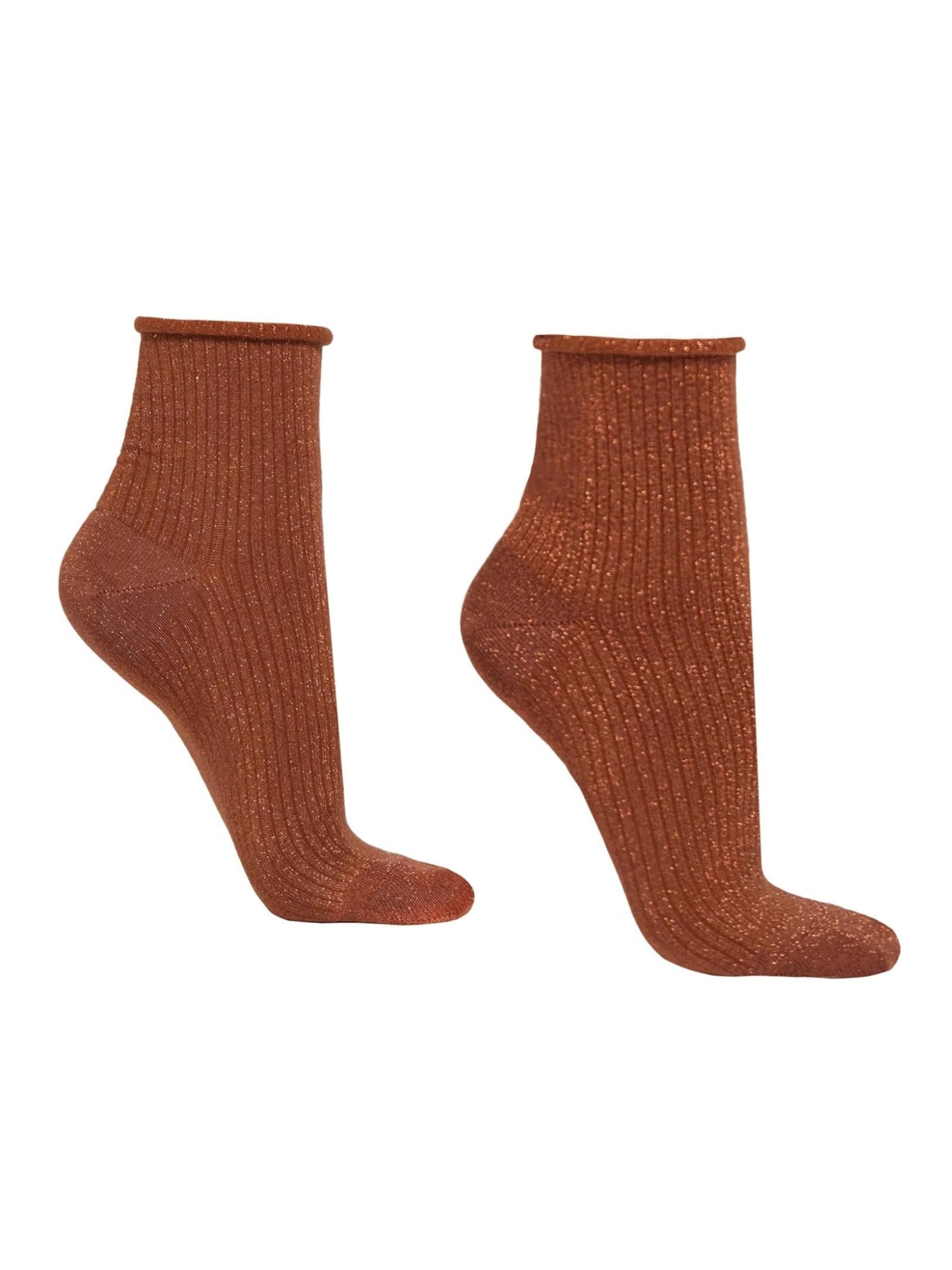 Meia Curta Canelada Com Glitter - Marrom