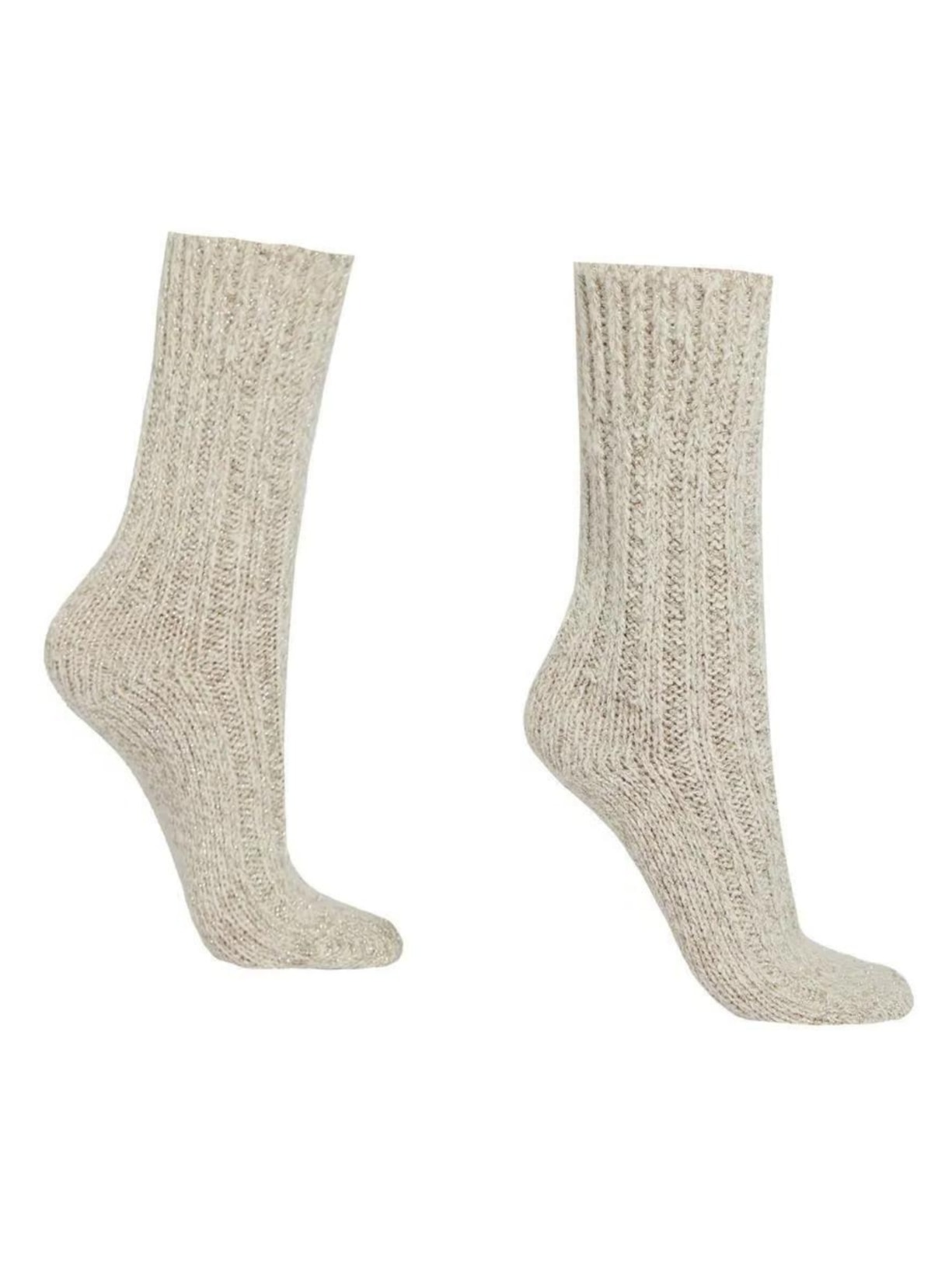 Meia Curta Canelada Com Lã e Glitter - Off-White