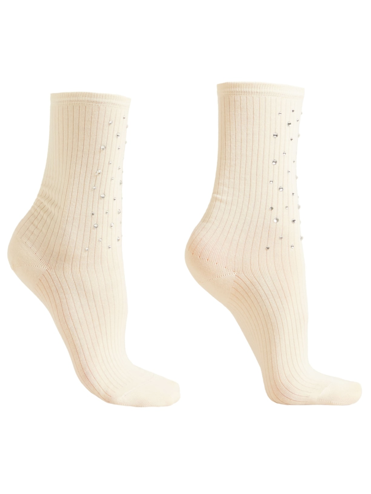 Meia Curta Canelada Com Strass - Off-White