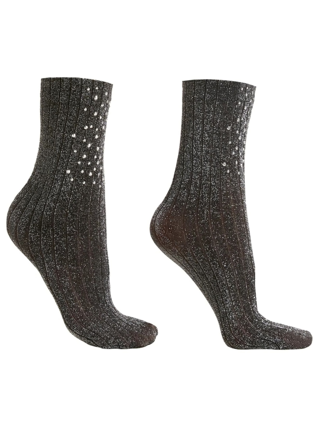 Meia Curta Canelada Com Strass - Preto