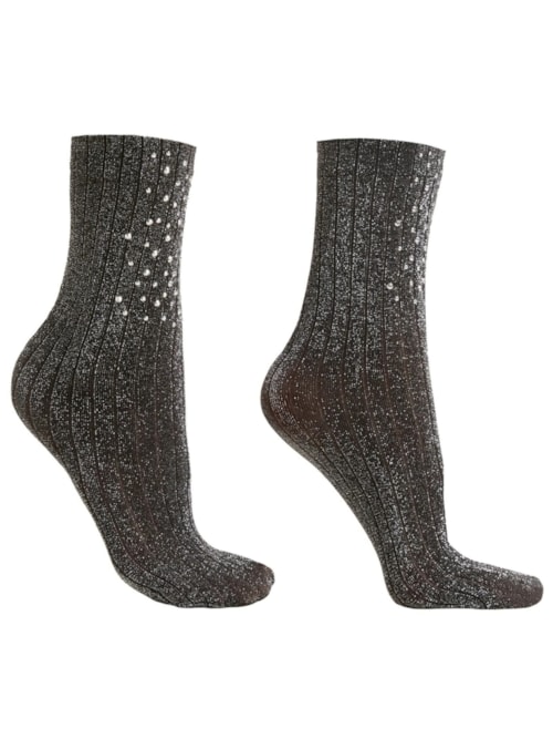 Meia Curta Canelada Com Strass - Preto
