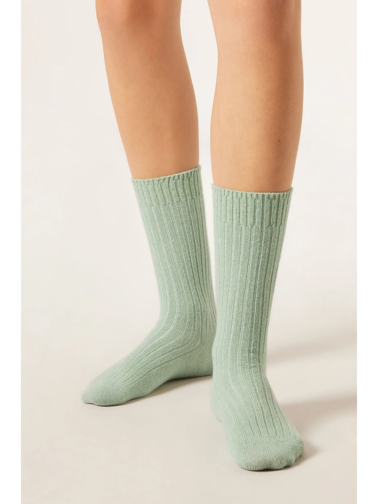 Meia Curta Canelada Em Lã e Cashmere Verde Calzedonia