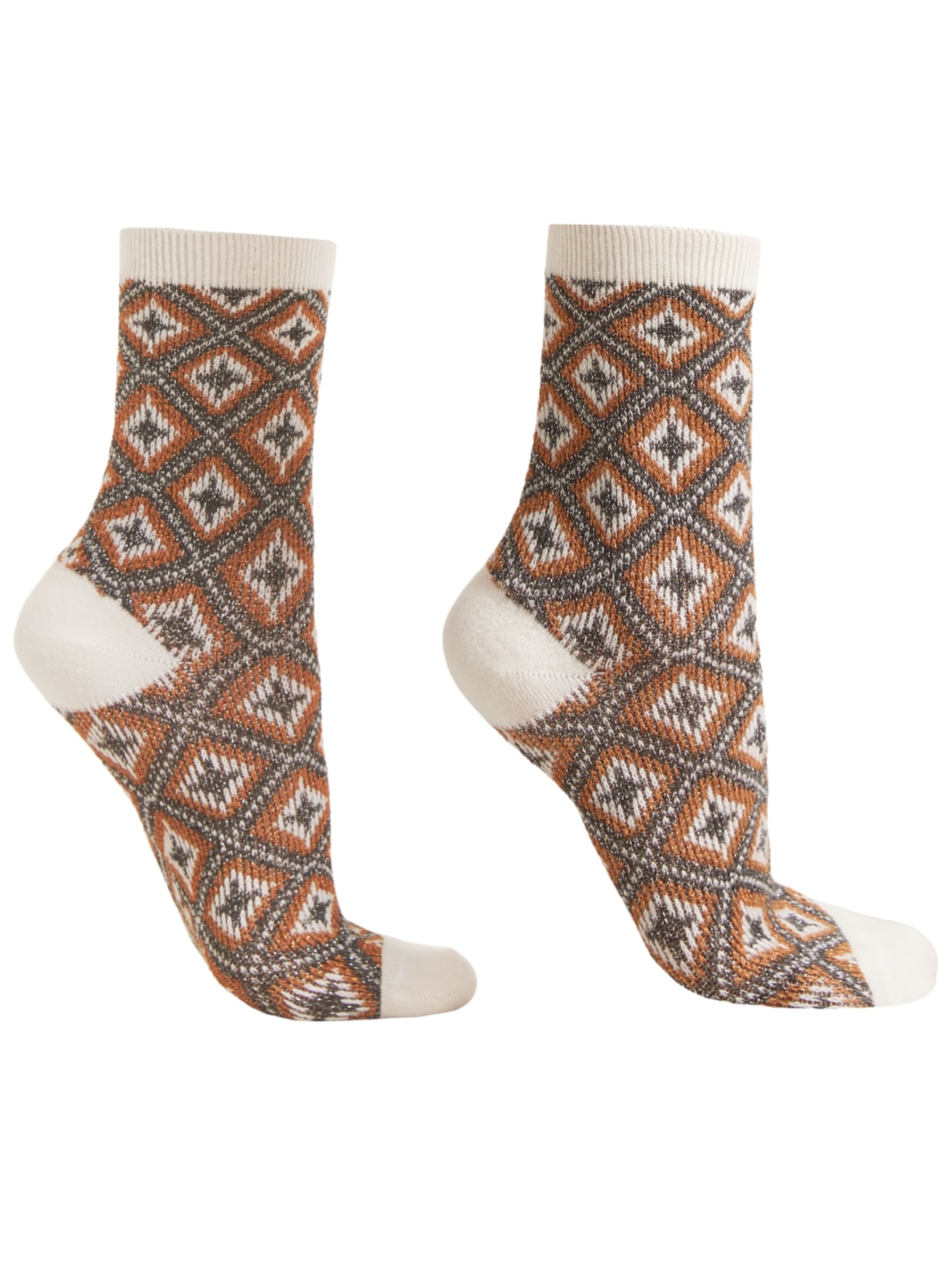 Meia Curta Com Cashmere e Padrão De Losangos - Off-White