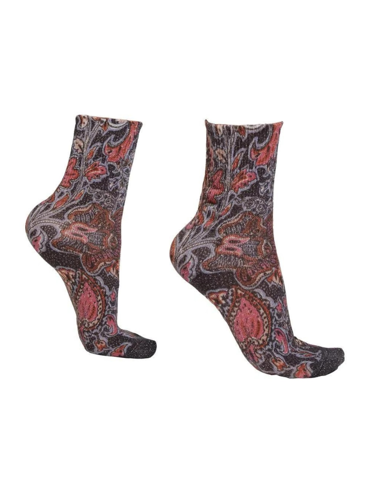 Meia Curta Com Estampa Barroca e Glitter - Preto