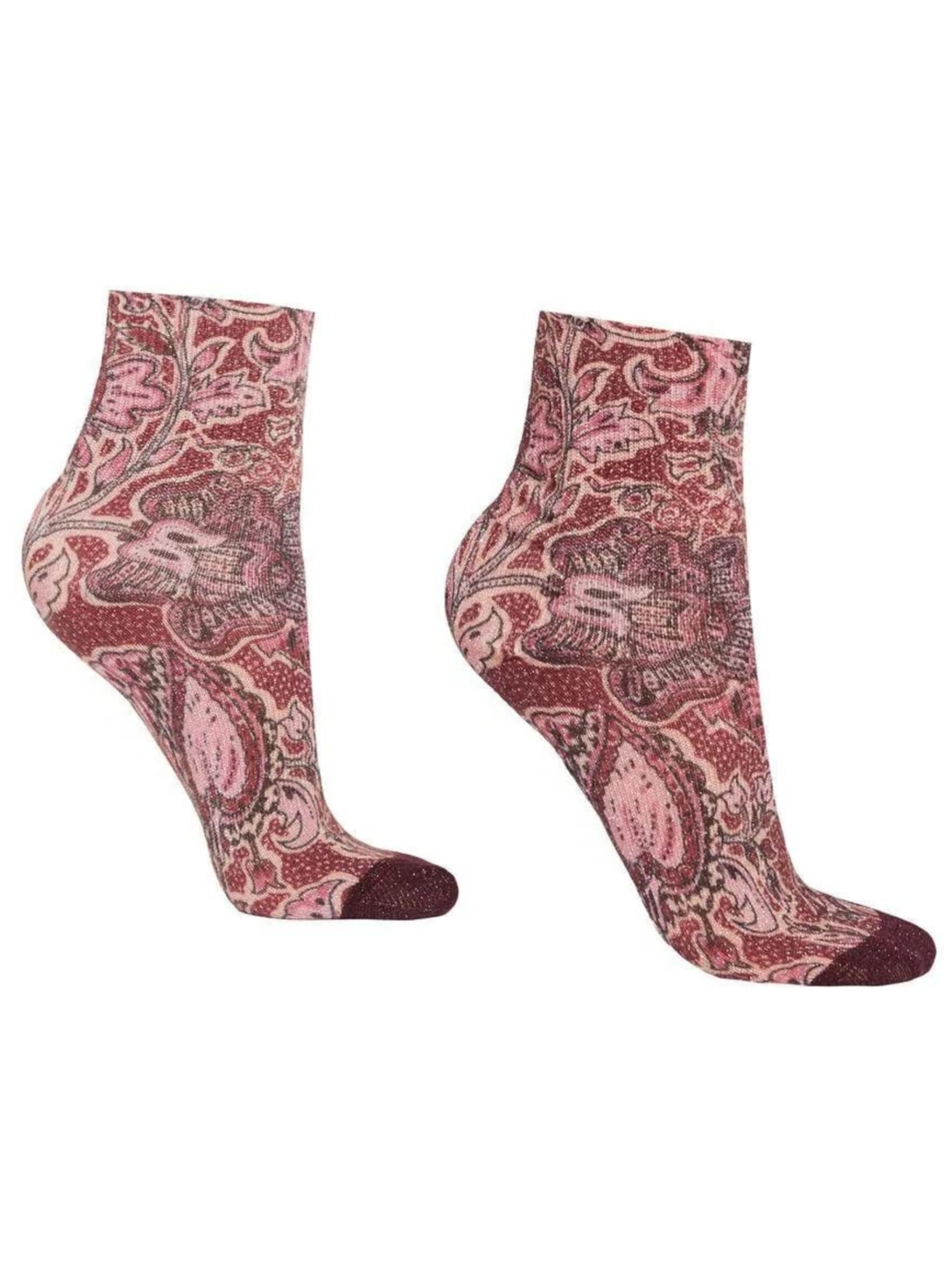 Meia Curta Com Estampa Barroca e Glitter - Vermelho