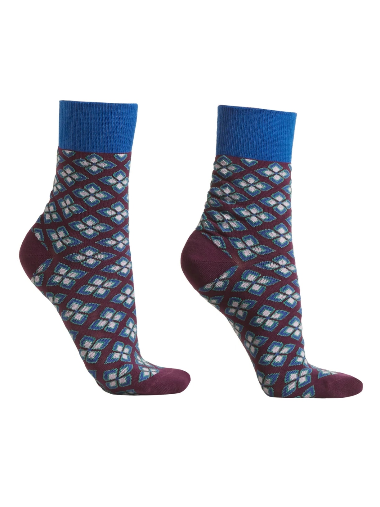 Meia Curta Com Estampa Floral - Azul