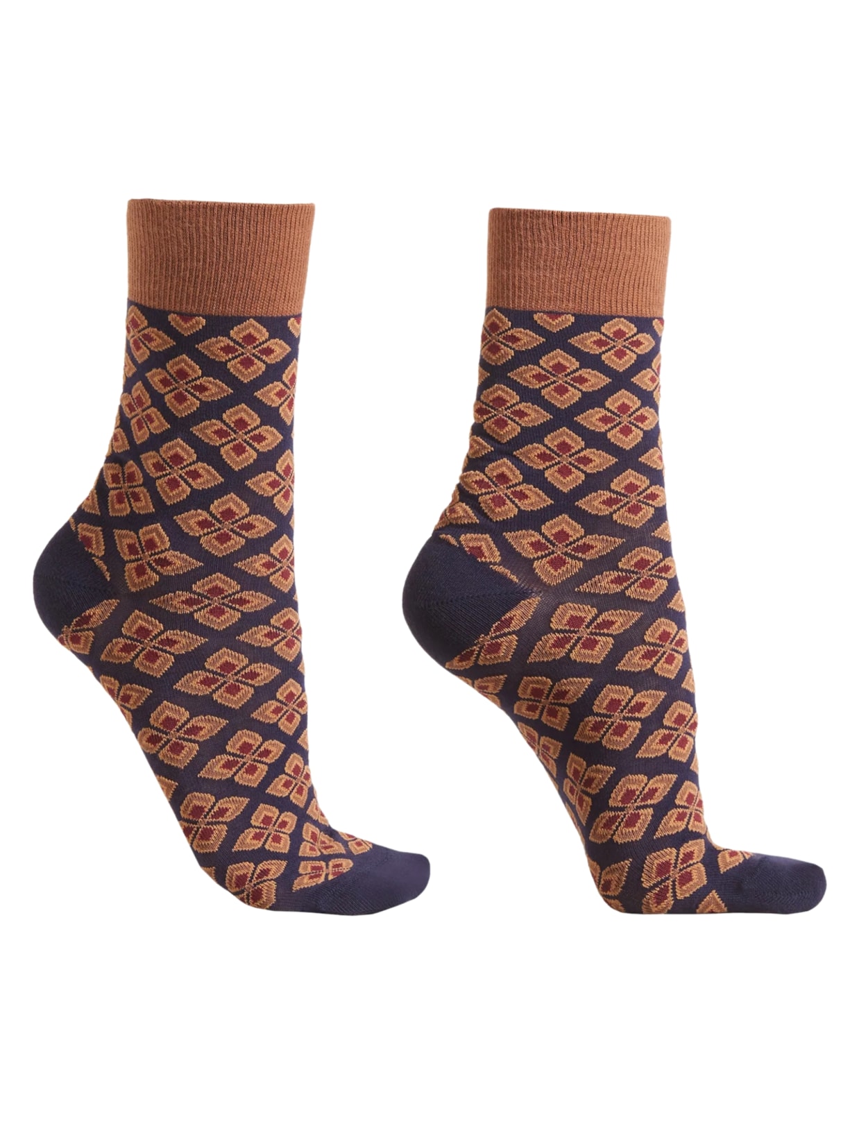 Meia Curta Com Estampa Floral - Marrom