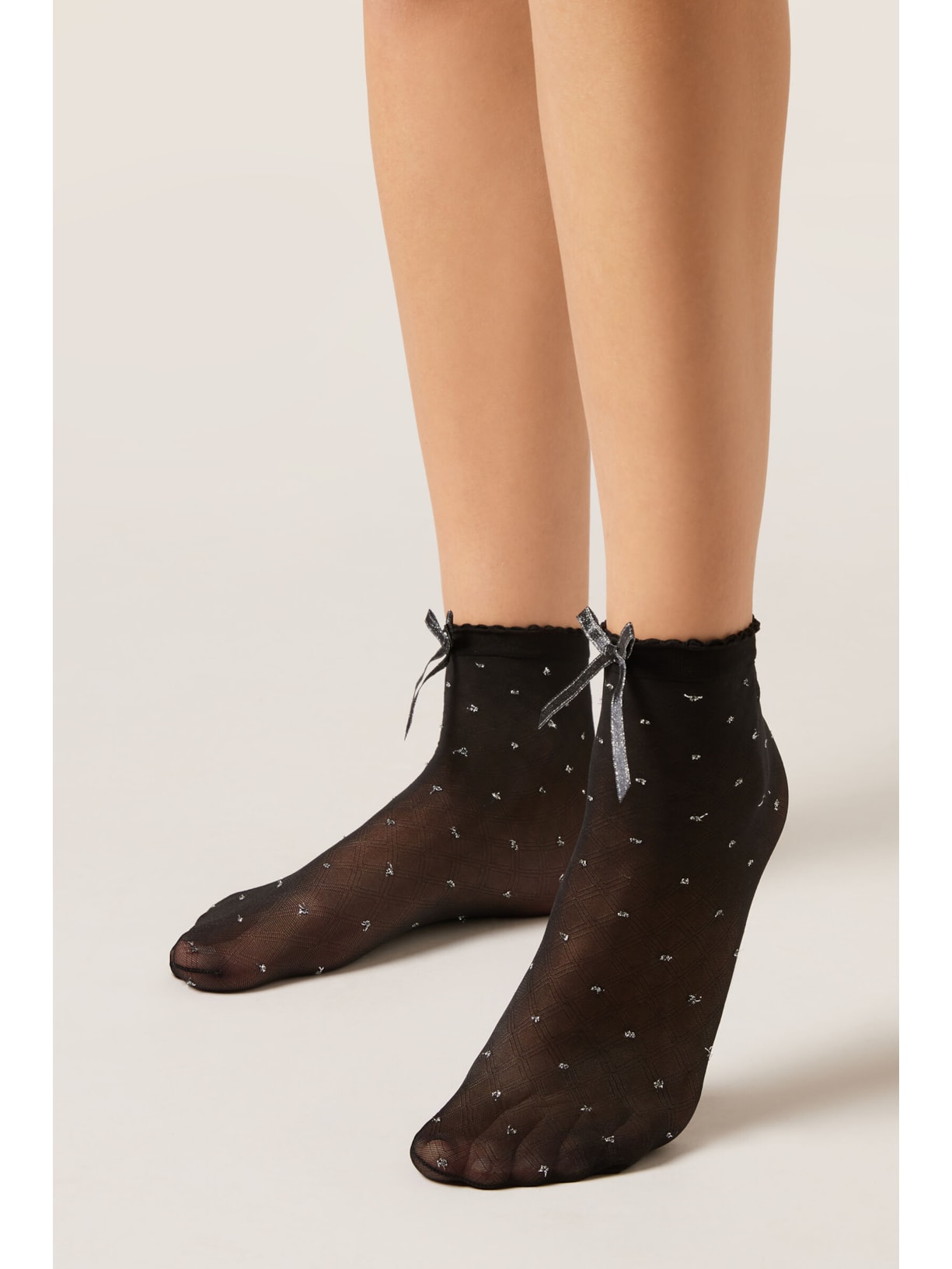 Meia Curta Com Glitter e Laços Preto Calzedonia