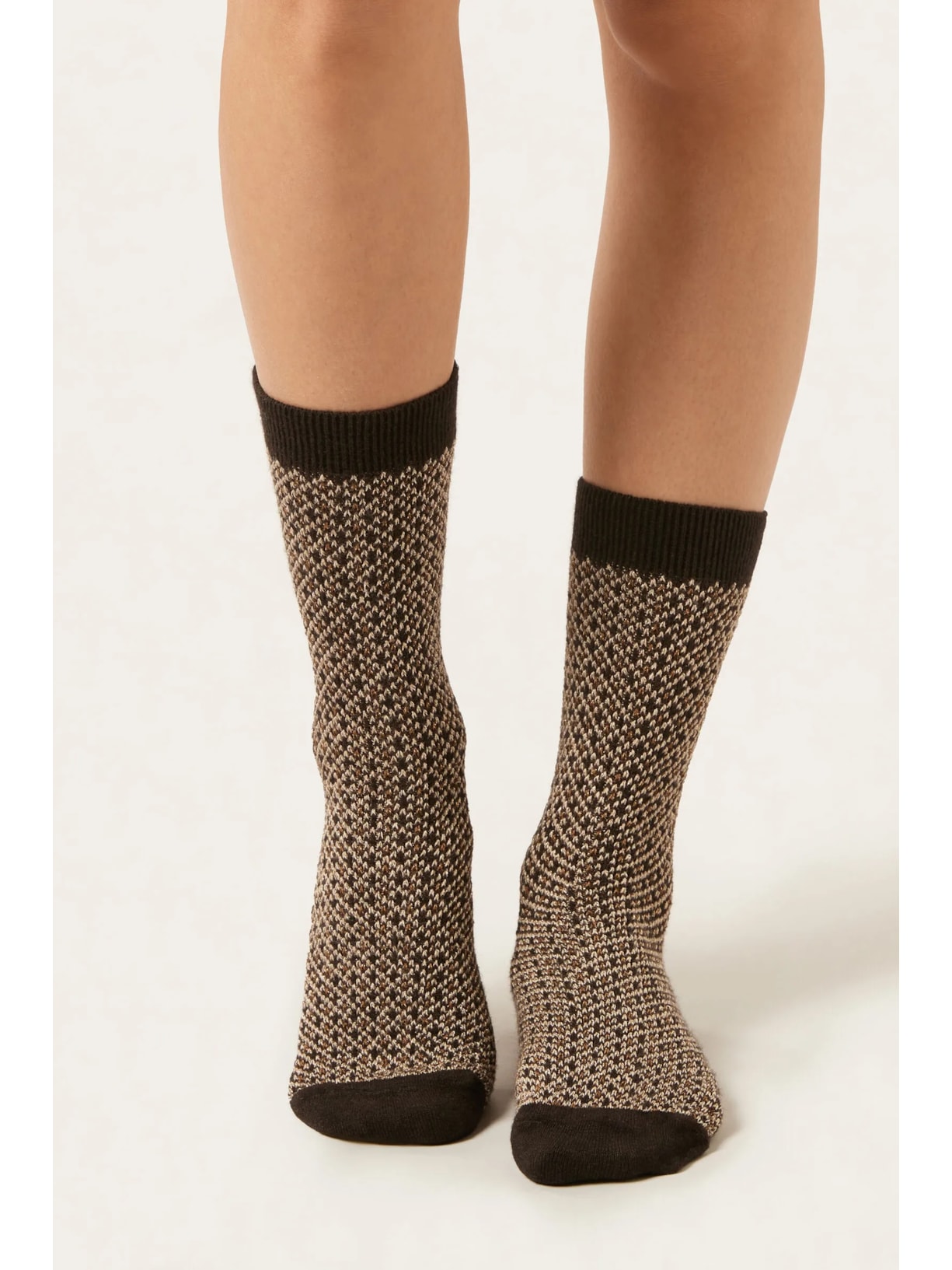 Meia Curta Com Glitter Em Lã e Cashmere Marrom Calzedonia