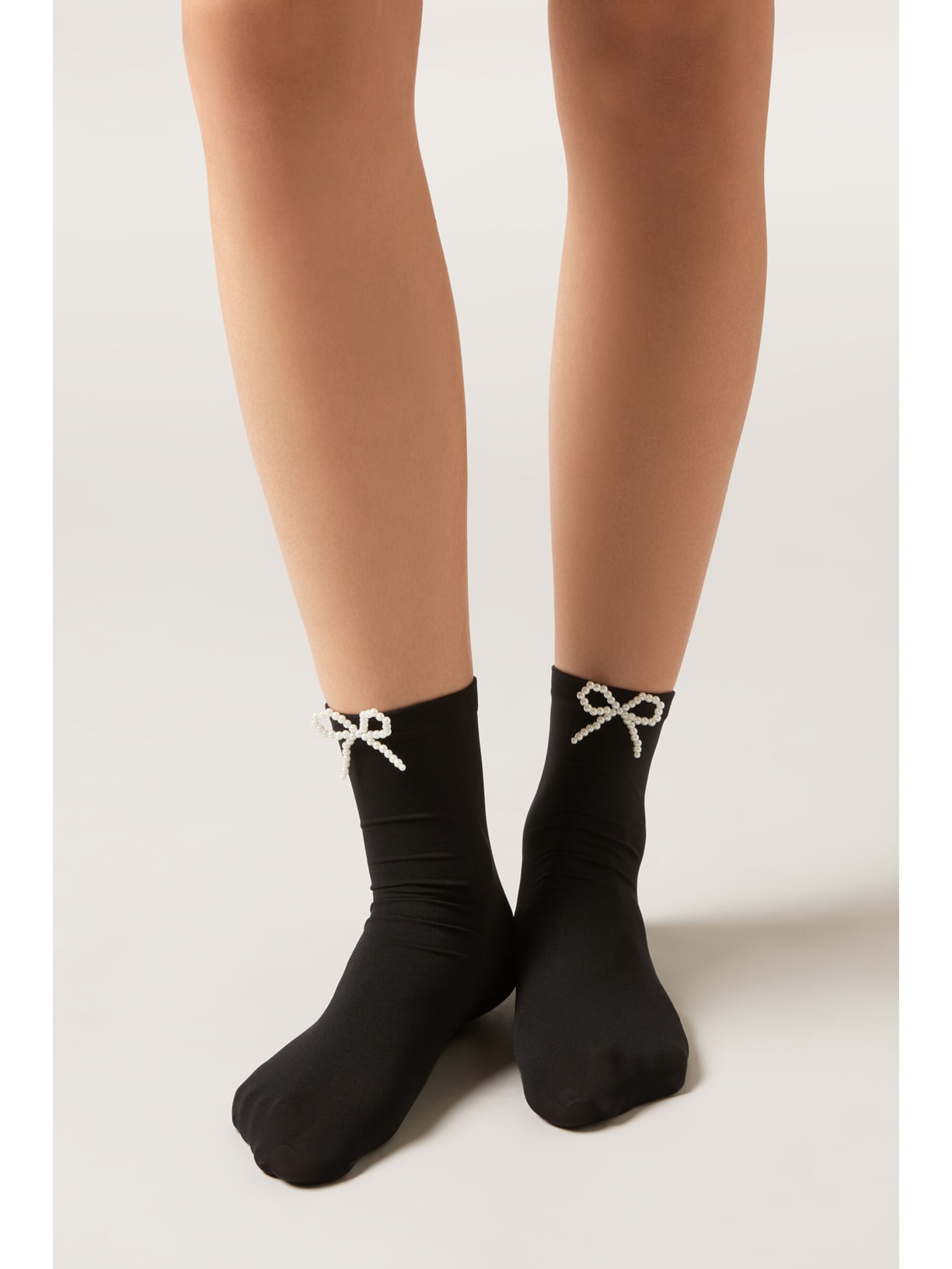 Meia Curta Com Laço De Pérolas Preto Calzedonia