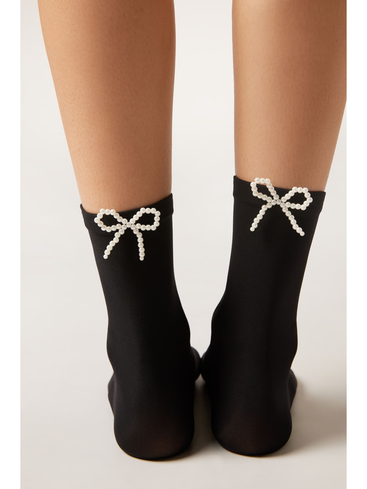 Meia Curta Com Laço De Pérolas Preto Calzedonia