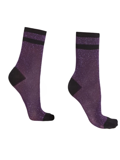 Meia Curta Com Padrão De Listras e Glitter - Roxo